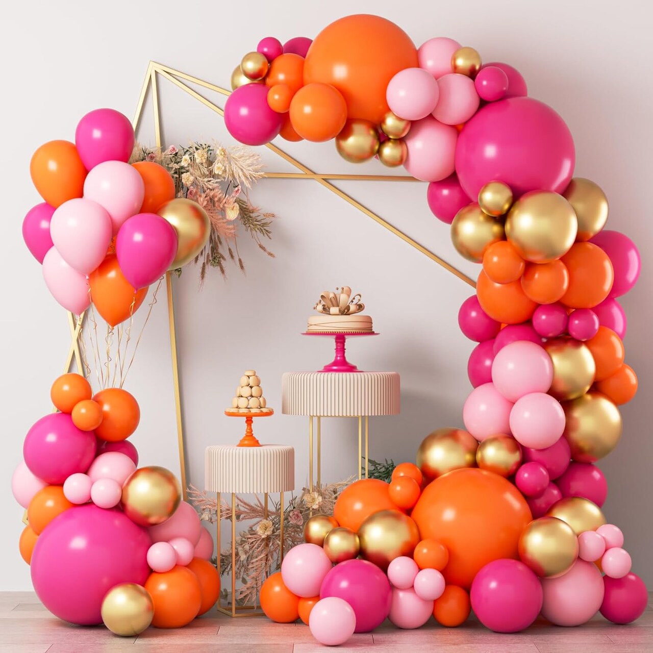 Pink Orange Balloon Garland Arch Kit, 124pcs Hot Pink Orange Chrome Metallic Gold Latex Balloons for Birthday Wedding Baby Shower Tropical Party Supplies Summer Party Decorations